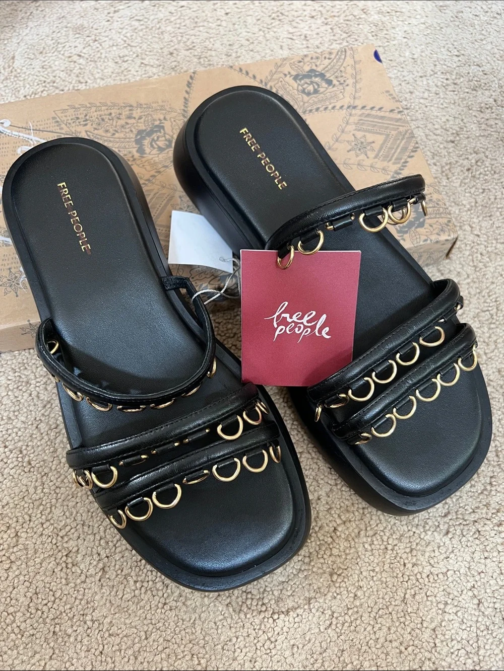 Free People Midas Touch Black Flatform Sandals with Gold Ring Trim